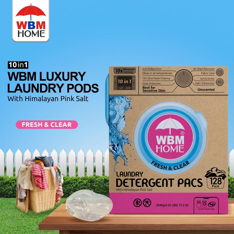 WBM Home Laundry Detergent Pods, 128 Count | Fresh & Clear Unscented | Laundry Pods 10x Ultrapower Cleaning With Color Protection and Eco-Friendly Packaging - Image 2